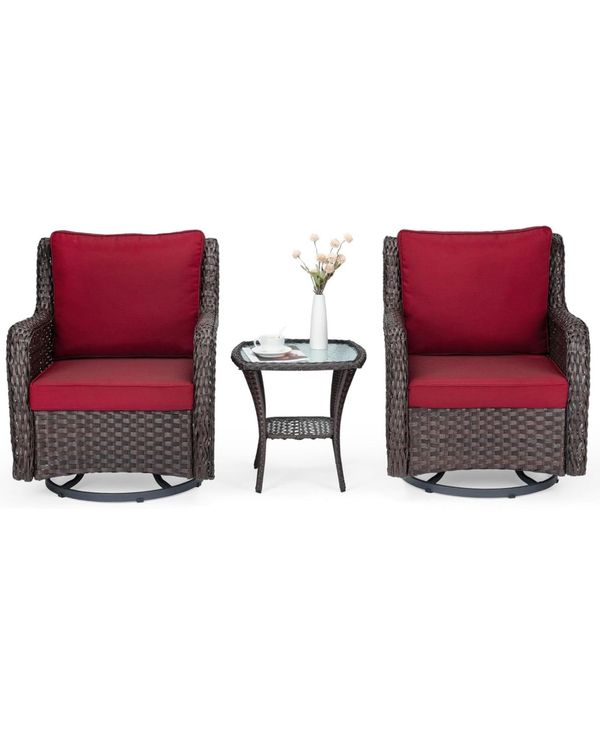 gaomon 3-Piece Outdoor Wicker Patio Bistro Set - Rocking Chairs, with Glass Side Table, Outdoor Rattan Swivel Chair Set, for Backyard, Porch, Deck