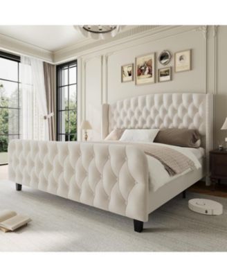 Gaomon Bed Frame With Deep Button Tufted Wingback Headboard Footboard Velvet Upholstered Platform Bed Frame Easy Assemble
