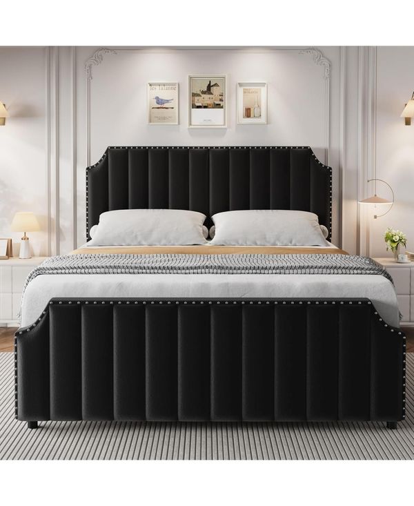 Gaomon Velvet Bed Frame, 50.2 in Tall Headboard & Footboard, Upholstered Platform King Bed Frame with Nailhead Trim, No Box Spring Needed - Black