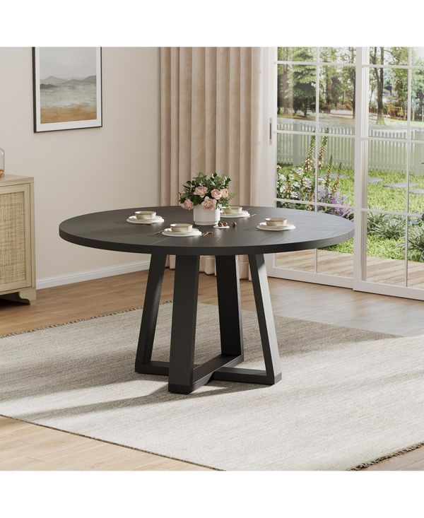 Homfan Round Dining Table for 4-6, 47" Circle Dining Room Table with Wooden Cross Pedestal Base, Modern Kitchen Table for Living Room(Table Only - Bla