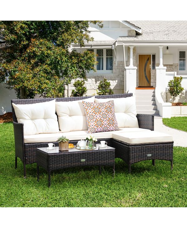 Costway 3PCS Patio Rattan Furniture Set 3-Seat Sofa Cushioned Table Garden - White