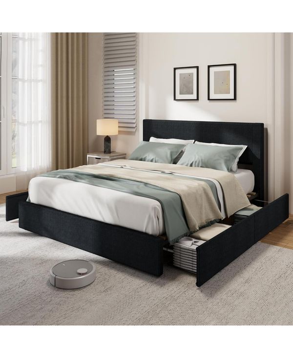 gaomon Full Corduroy Platform Bed with Tufted Wingback Headboard, 4 Storage Drawers, Wood Slats - Black