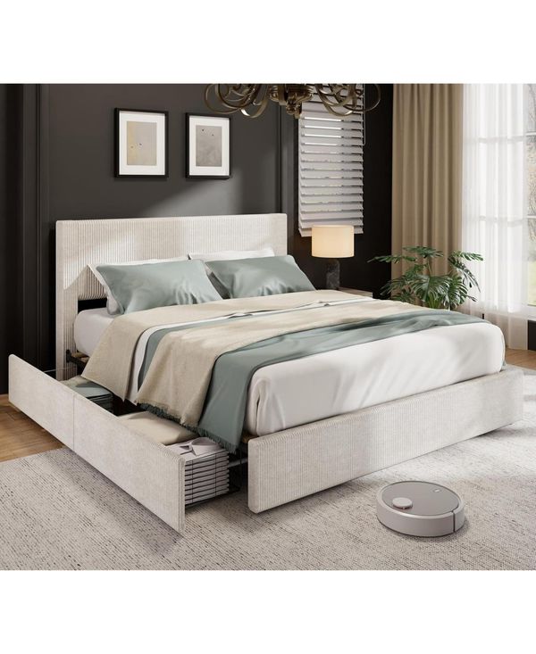 gaomon Full Corduroy Platform Bed with Tufted Wingback Headboard, 4 Storage Drawers, Wood Slats - beige