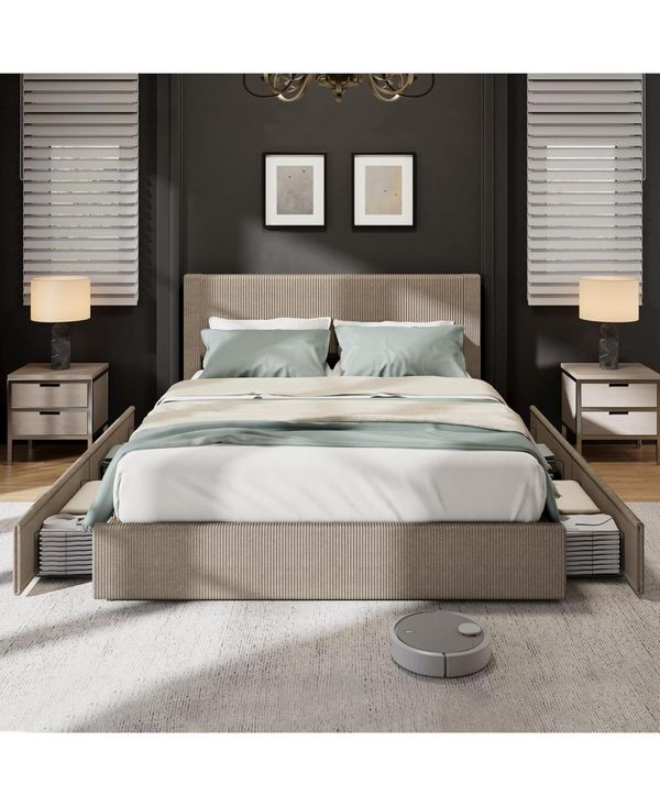 gaomon Bed Frame, Queen Size Platform Bed with 4 Storage Drawers, Upholstered Corduroy Channel Tufted Headboard Bed Frame with Strong Wooden Slat