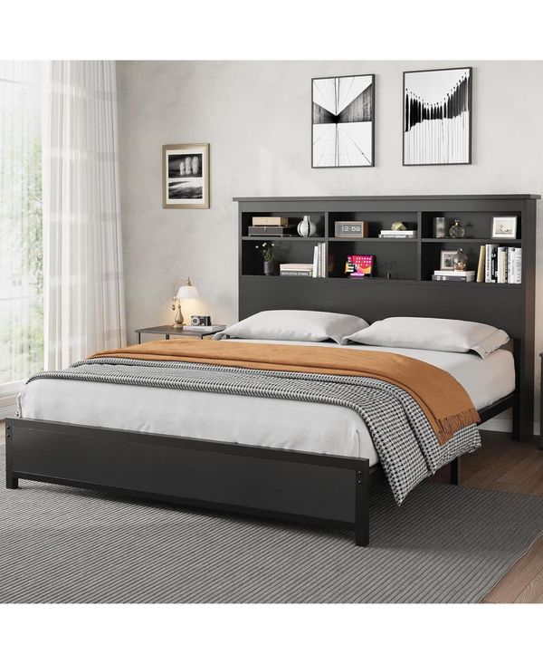 gaomon Full Size Bed Frame with Bookcase Headboard, 2-Tier Storage Platform, Usb Charging Station, No Box Spring, Easy Assembly - Black