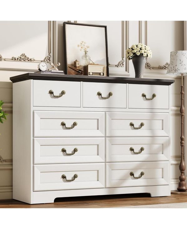 gaomon Dresser for Bedroom, 47.2'' Wide Retro Style 9-Drawer Dresser, Sturdy Metal Handles for Closet Clothes Storage - White brown
