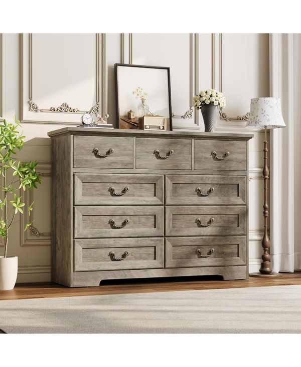 gaomon Dresser for Bedroom, 47.2'' Wide Retro Style 9-Drawer Dresser, Sturdy Metal Handles for Closet Clothes Storage - Dark rustic oak
