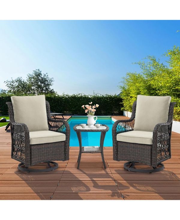 gaomon 3-Piece Outdoor Patio Bistro Set - Pe Wicker 360° Swivel Glider Chairs with Thick Cushions & Tempered Glass Table, Brown Rattan Furniture