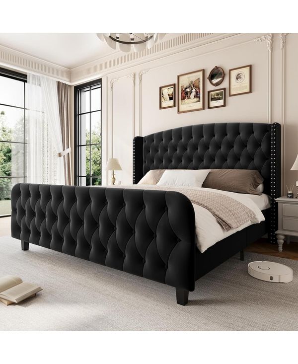 gaomon Bed Frame with Deep Button Tufted Wingback Headboard and Footboard, Velvet Upholstered Platform Bed Frame, Easy Assemble - Black