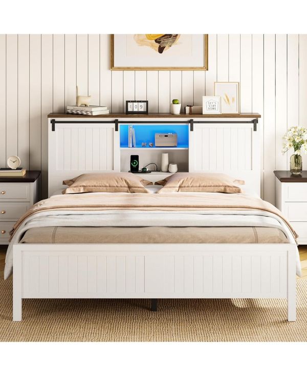 gaomon Farmhouse Bed Frame with Storage, Charging Station, Led Light, Sliding Barn Door, Noise-Free, No Box Spring Needed, Easy Assembly