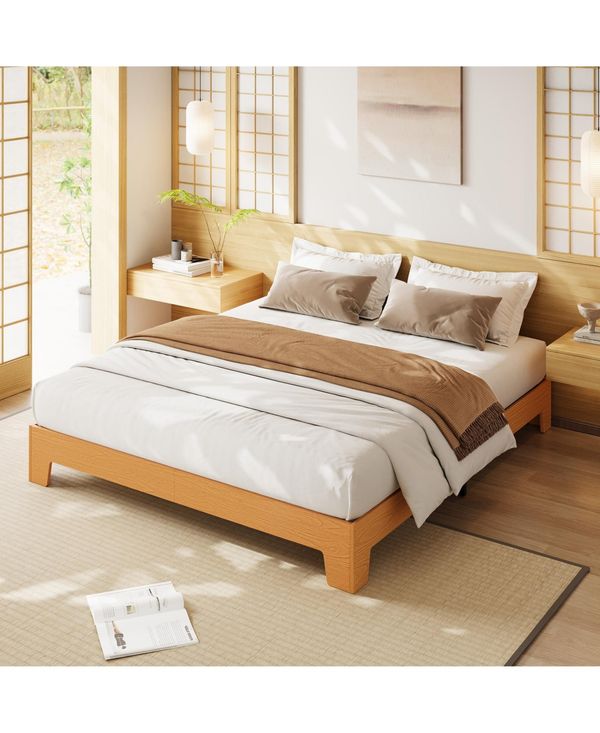 homfan Wood Platform Bed Frame with Underbed Storage and Wood Slats, No Box Spring Needed - Light/Pastel Brown