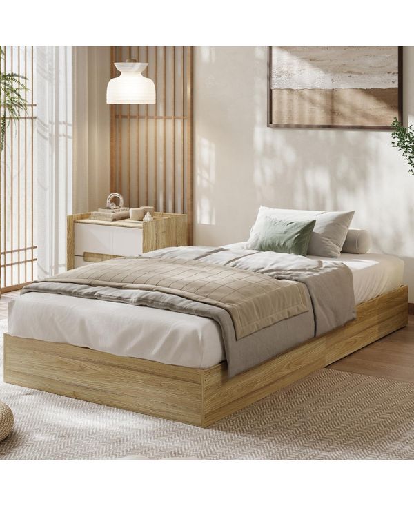 homfan Wood Platform Bed Frame No Headboard with Wood Slats, Floor-Level Design, No Box Spring Needed - Light/Pastel Brown