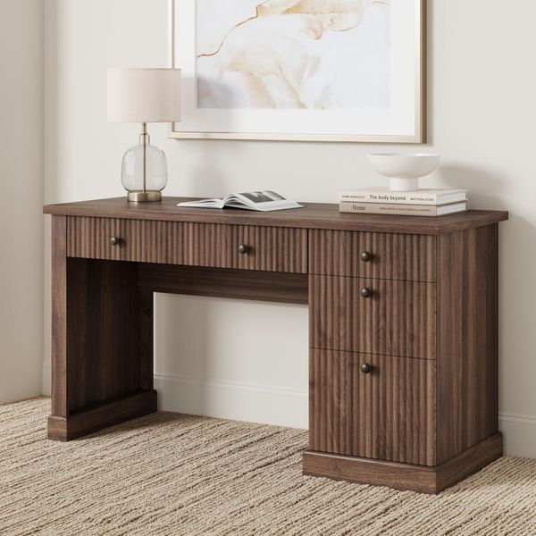Gaomon 54" Fluted Executive Desk with Charging Station, Modern Home Office Writing Desk with File Drawers and Cabinet Storage - Brown