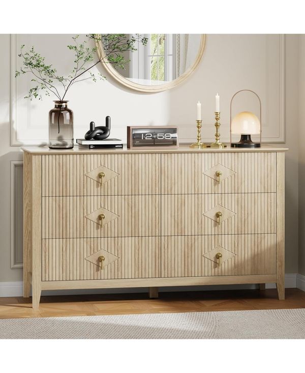 Gaomon Fluted Dresser 54 Inch Wide, 6-Drawer Wood Dresser for Bedroom, Modern Chest of Drawers, Storage Organizer Cabinet - Natural