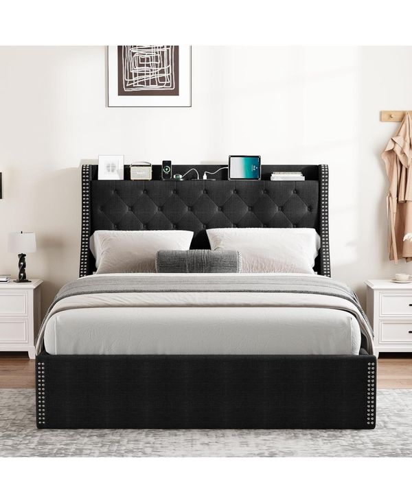 gaomon Wingback Headboard 4-Drawer Velvet Upholstered Platform Bed Frame with Charging Station - Natural