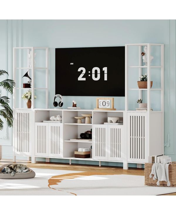 gaomon Farmhouse Tv Stand for TVs Up to 70 in, Entertainment Center with Bookshelves, Media Center - White