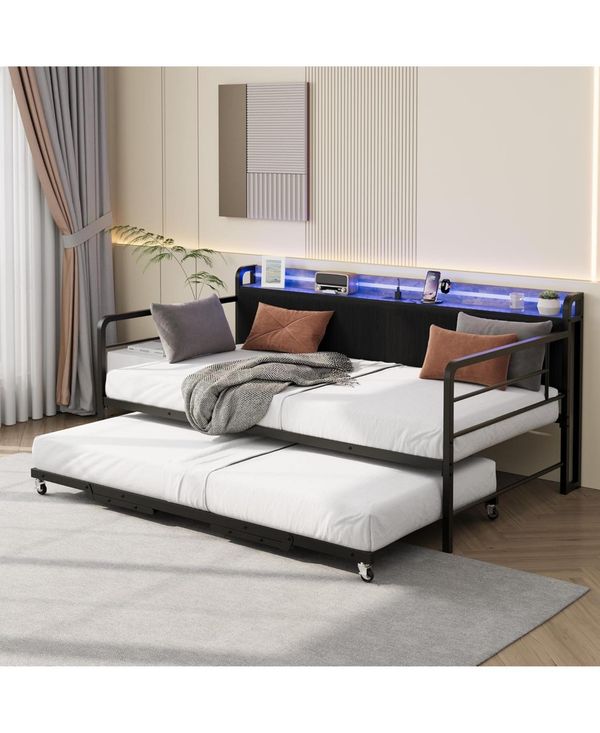 gaomon Daybed with Trundle and Led Light, Sturdy Metal Twin Size Bed Frame with Corduroy Upholstered Headboard and Charging Station - Black