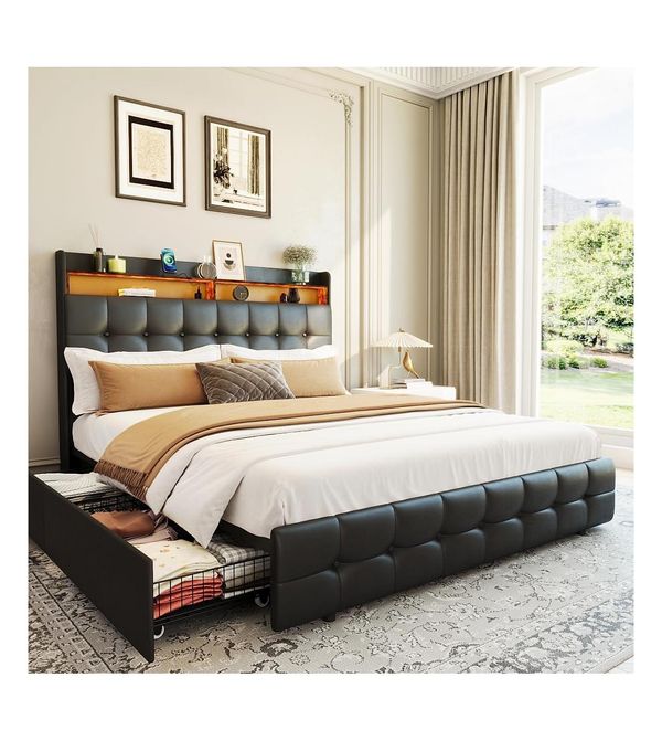 gaomon Bed Frame Full with Headboard and 2 Storage Drawers, Full Size Upholstered Bed Frame with Led Light, Modern Soft Bed - Black
