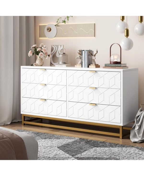 gaomon Modern 6-Drawer Bedroom Dresser with Large Storage and Gold Metal Accents for Entryway, Living Room or Closet - White