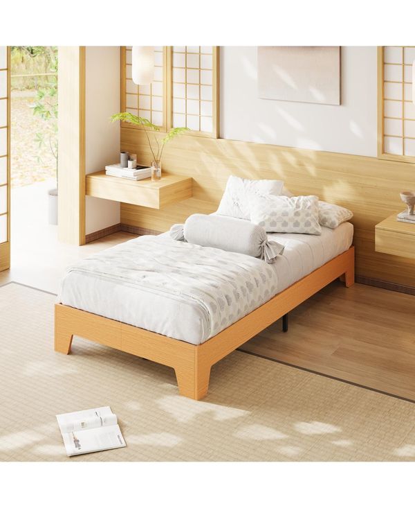 Homfan Wood Platform Bed Frame with Underbed Storage and Wood Slats, No Box Spring Needed - Light/Pastel Brown