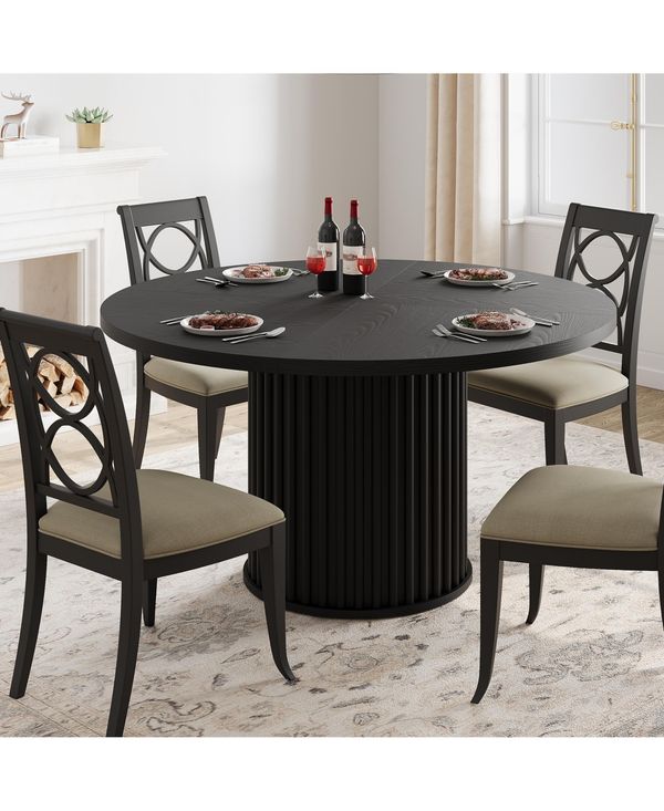 homfan Round Dining Table for 4 to 6 with Wave Metal Pedestal Base, 47.24 in Kitchen and Dining Room Table - Black