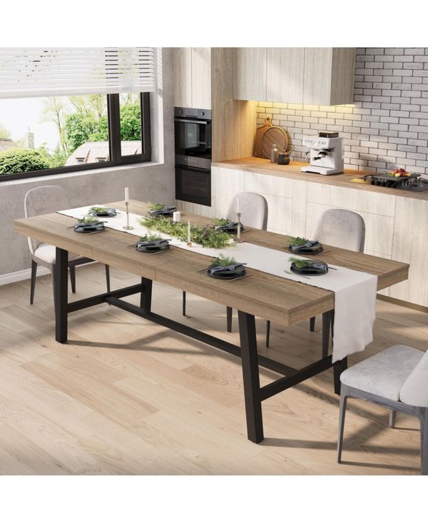 homfan Extendable Dining Table for 6-8, Industrial Rectangular Kitchen Table with Metal Frame, Expandable Wood-Top Table - Light/Pastel Brown