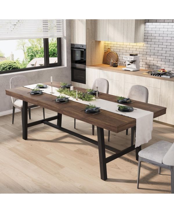 homfan Extendable Dining Table for 6-8, Industrial Rectangular Kitchen Table with Metal Frame, Expandable Wood-Top Table - Brown
