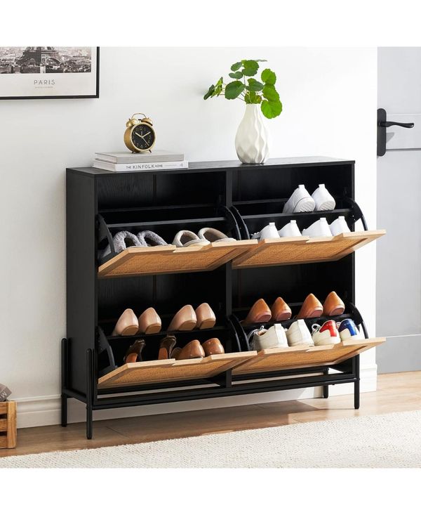 gaomon Rattan Shoe Storage Cabinet with 4 Flip Drawers, Narrow Freestanding Shoe Organizer for Entryway, Black - Black