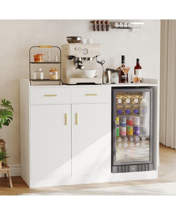 Coffee Bar Cabinet with Fridge Space, Fluted Wine Cabinet with Charging Station, Mini Fridge Cabinet Drawers Adjustable Shelf, Home Bar Dining Room