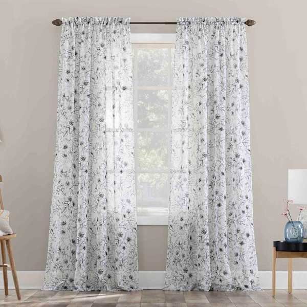 Providence Grey And White Poppy Print Rod Pocket Sheer Curtain Panel, 84" At Home, Polyester