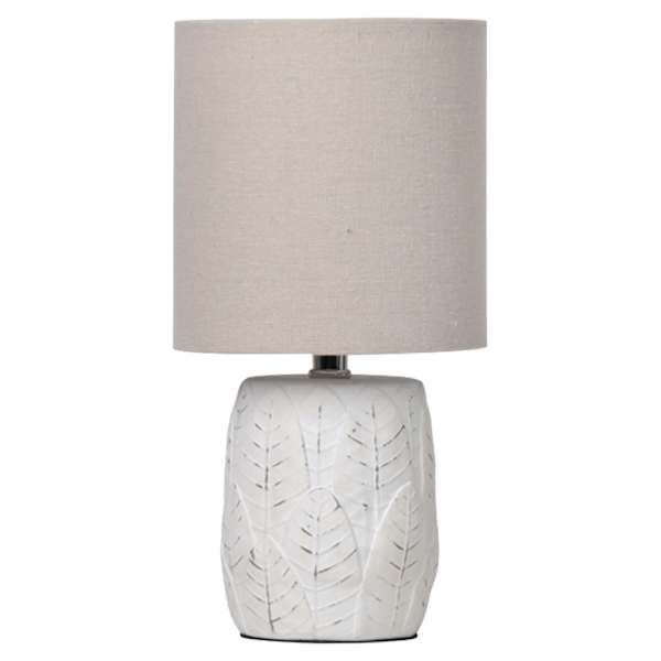 White Washed Leaf Print Ceramic Mini Table Lamp With Shade, 12", sold by At Home