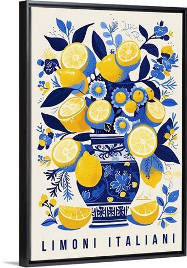 Limoni Italiani - Retro Food Advertising Poster Stretched Canvas, Black Floating Frame