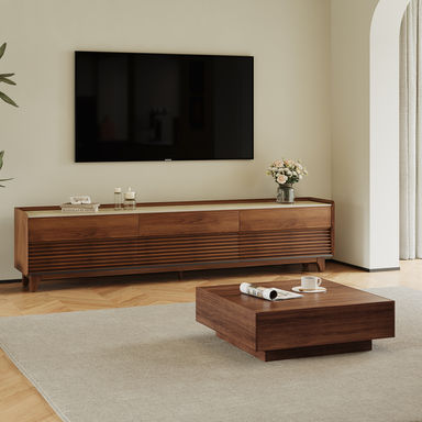 Mid-Century Modern TV Stand and Coffee Table Set, 2 Piece Living Room Furniture, 95" TV Stand and 35"Coffee Table with Storage,Walnut Color