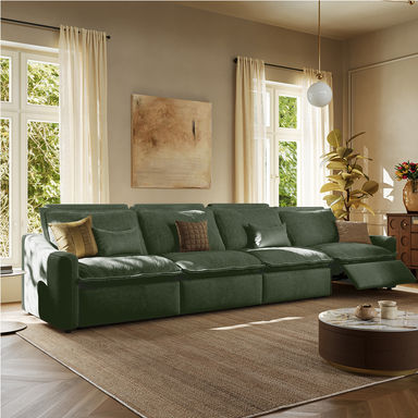 157" Modern Oversized Power Recliner Sofa with USB Charging, 
2 Recliners, 90°-145° Zero Gravity Recline, 2 Storage Seats, Solid Wood Construction, Wall-Hugging, Oversized Pillow Back, Ideal for Modern Living Rooms, Waterproof Natural Fabric, Green