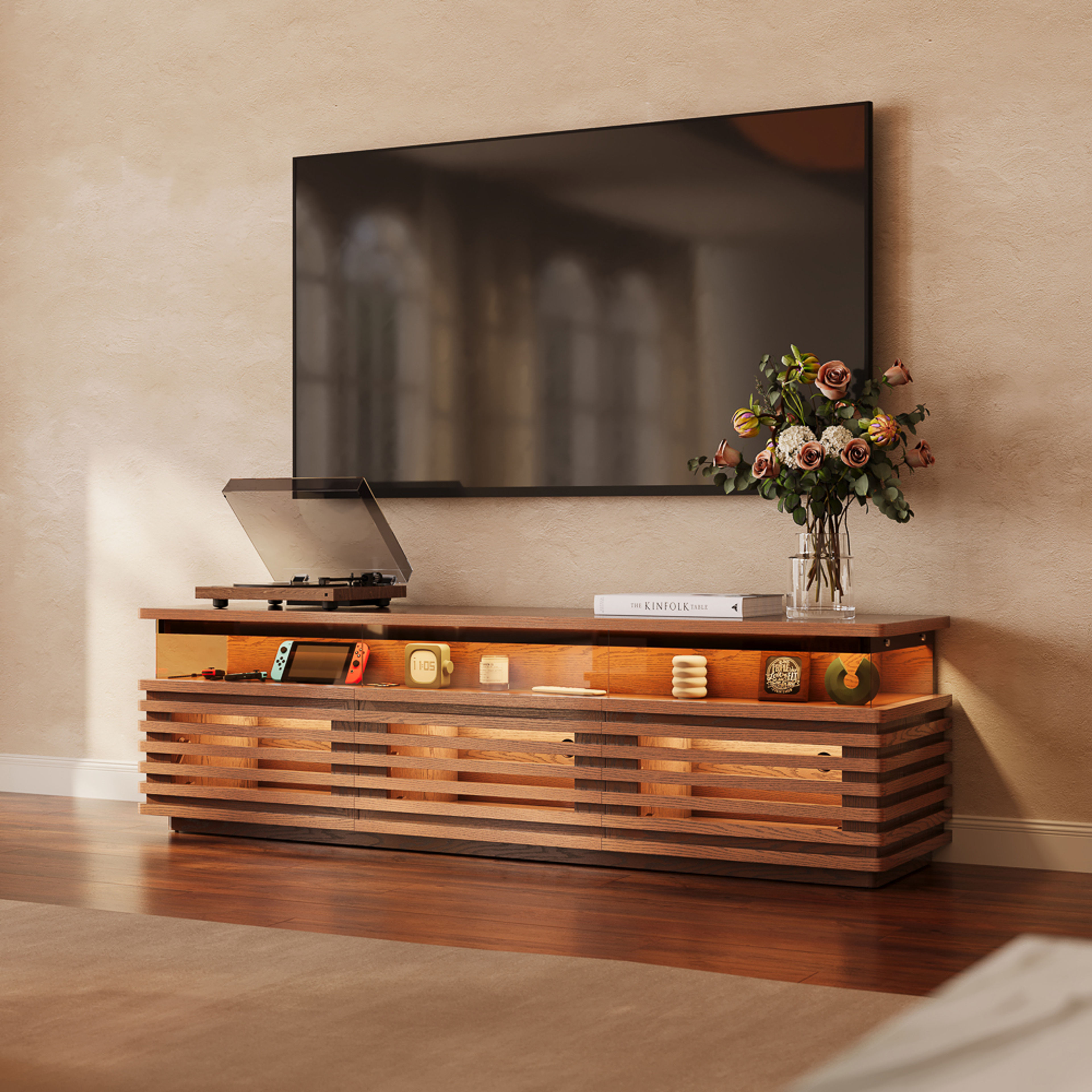 71" Walnut TV Stand with LED Lights for 65" TVs