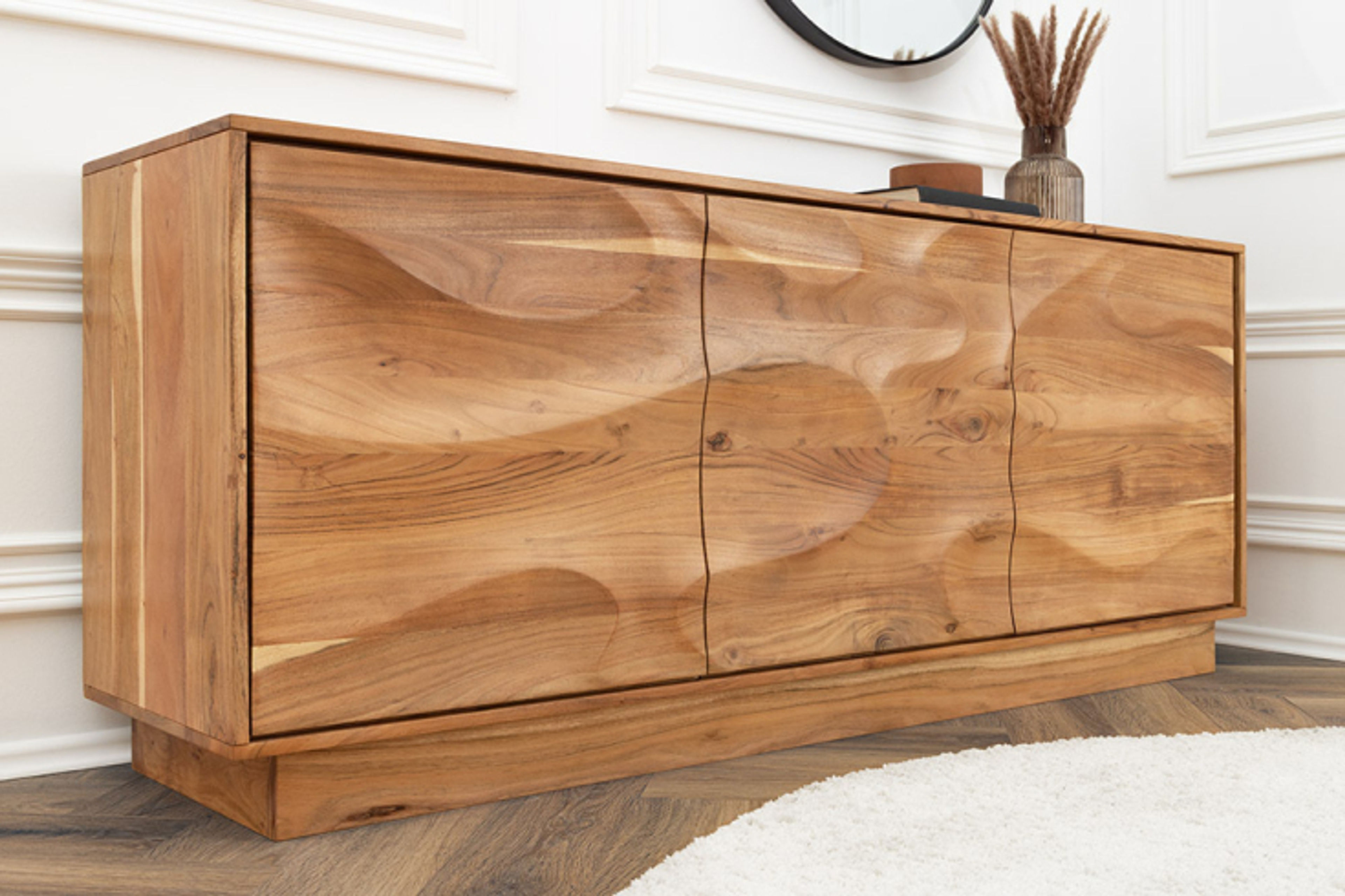 Massives Sideboard DESERT 160cm Sand Beige Akazienholz 3D-Front