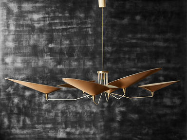 Oval Brass and Parchment Chandelier by Diego Mardegan for Glustin Luminaires