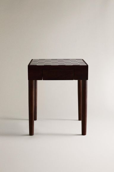 TEAK SIDE TABLE WITH MARBLE CHESS TOP