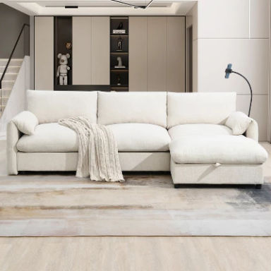 Whisen Chenille Sectional Sofa with Storage Ottoman and Pockets - Beige