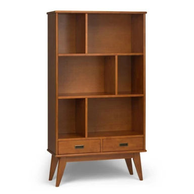 64" Tierney Solid Hardwood Mid Century Wide Bookcase and Storage Unit Teak - WyndenHall: 6-Shelf, 2-Drawer Vertical Storage