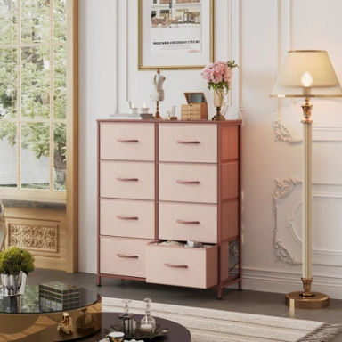 Tall 8-Drawer Fabric Dresser, Storage Tower with Fabric Bins, Double Chest of Drawers Organizer, Pink and Rose Gold