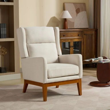 26.18"W Modern Upholstered Accent Chair, High Back Reading Chair, Armchair Club Chair with Wood Legs, Beige - ModernLuxe