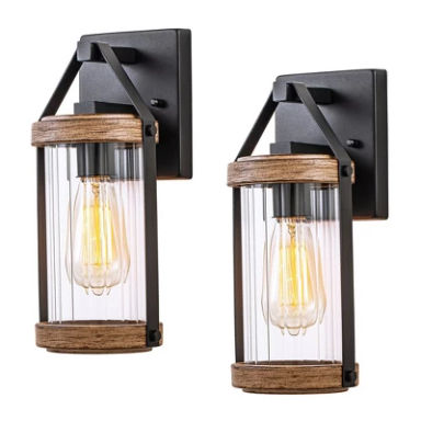 C Cattleya Black and Woodgrain Outdoor Wall Lantern Sconces with Clear Strip Glass Shade(2-Pack)