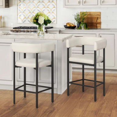 Arceso Barrel Bar Stools Set of 2, 26 Inch Upholstered Barstools with Arms & Metal Frame, Chenille Counter Height Bar Stools with Curved Backrest