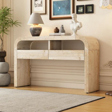 Retro Curved Console Table with 2 Large Drawers for Living Room and Entrance, Natural Wood Wash - ModernLuxe