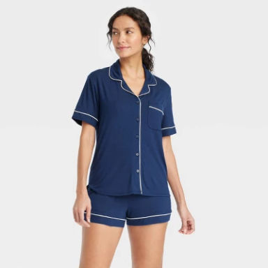 Women's Cloud Knit Short Sleeve Notch Collar Top and Shorts Pajama Set - Auden™ Navy Blue M: Modal & Spandex, Elastic Waistband