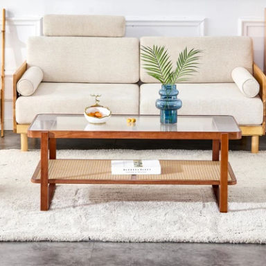 45“W Glass Coffee Table Cocktail Table Rattan Center Table Rectangular Sofa Table Side Table, Brown-Modernluxe