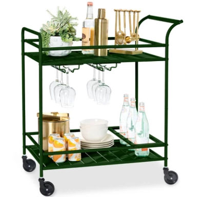 Best Choice Products 2-Tier Rolling Bar Cart Indoor/Outdoor w/ Storage Shelves, Wine Rack, Lockable Wheels - Deep Green