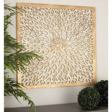 36" x 36" Wood Floral Handmade Carved Wall Decor Mandala Light Brown - Olivia & May: Traditional Art