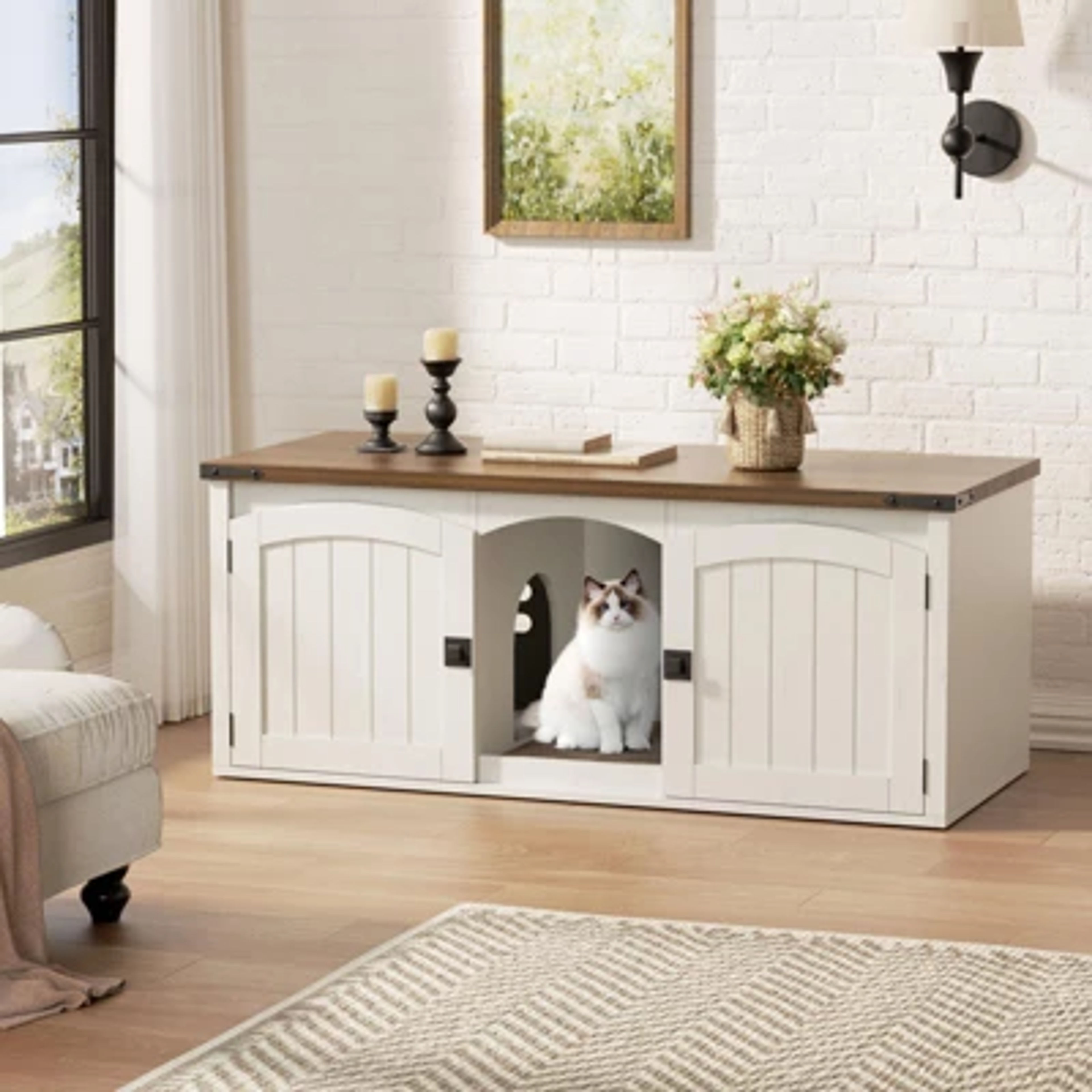 White Double Cat Litter Box Enclosure for 2 Cats with Scratch Pad
